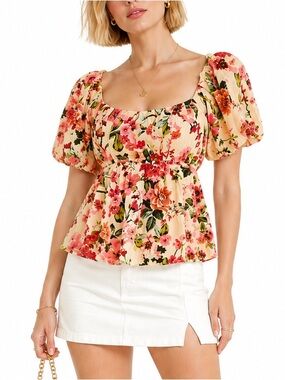 NWT Meraki Floral Puff-Sleeve Peplum Blouse Size S